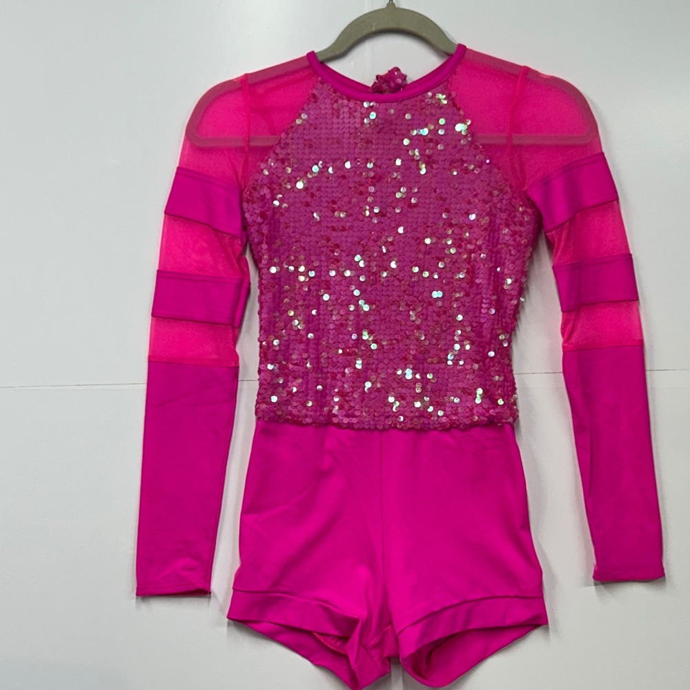 Weissman Sequin Biketard Adult Small SA Pink Good Mesh Long Sleeve 11524